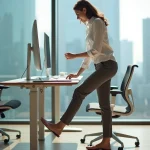 Femme au bureau ajustant son poste de travail ergonomique