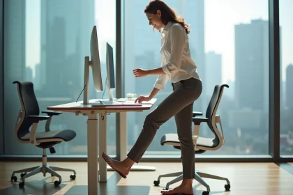 Femme au bureau ajustant son poste de travail ergonomique