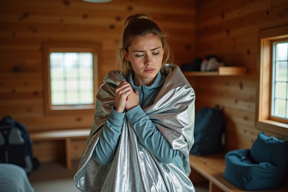 Jeune femme ajustant une couverture de secours dans une cabane en bois