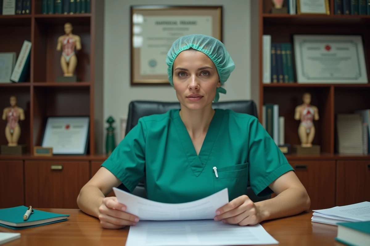 Femme chirurgienne assise dans son bureau médical entouré de diplômes et de livres, représentant les revenus et spécialités des chirurgiens
