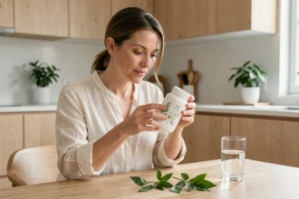 Femme lisant les ingrédients d'un complément alimentaire Indiva System à la maison