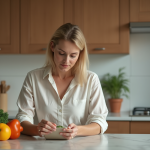 Femme examinant une étiquette alimentaire dans la cuisine