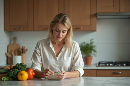 Femme examinant une étiquette alimentaire dans la cuisine