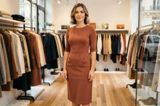 Femme française confiante en robe midi dans une boutique parisienne, illustrant la taille moyenne femme en France
