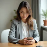 Femme consultant son compte mutuelle PRO BTP sur smartphone depuis son bureau à domicile