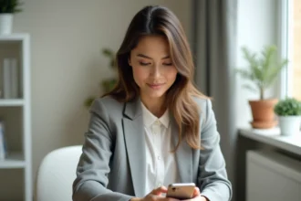 Femme consultant son compte mutuelle PRO BTP sur smartphone depuis son bureau à domicile
