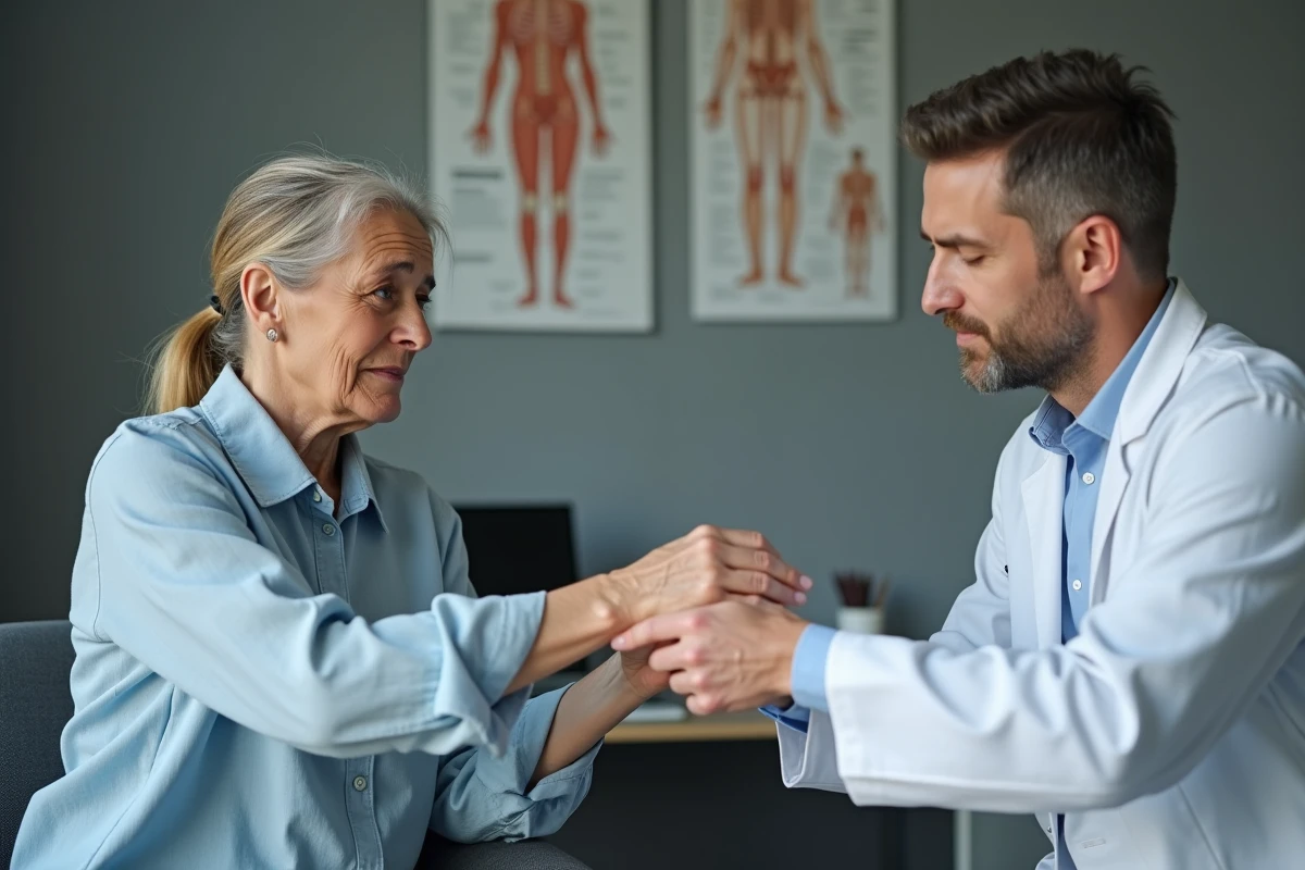 Femme consultant un médecin pour des contractions musculaires involontaires, examen clinique en cabinet médical