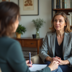 Femme d'âge moyen en entretien avec une psychologue dans un bureau calme
