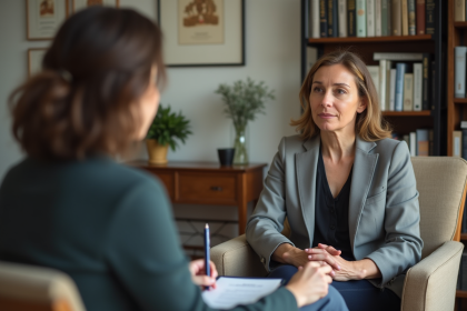 Femme d'âge moyen en entretien avec une psychologue dans un bureau calme