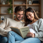Femme souriante avec son partenaire lisant un livre sur la grossesse