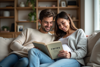 Femme souriante avec son partenaire lisant un livre sur la grossesse