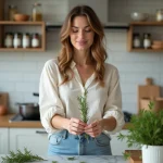 Femme en cuisine crushant du romarin frais