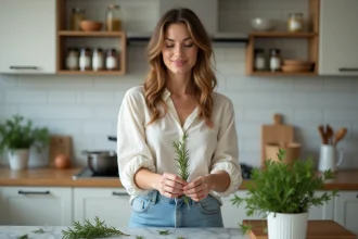 Femme en cuisine crushant du romarin frais