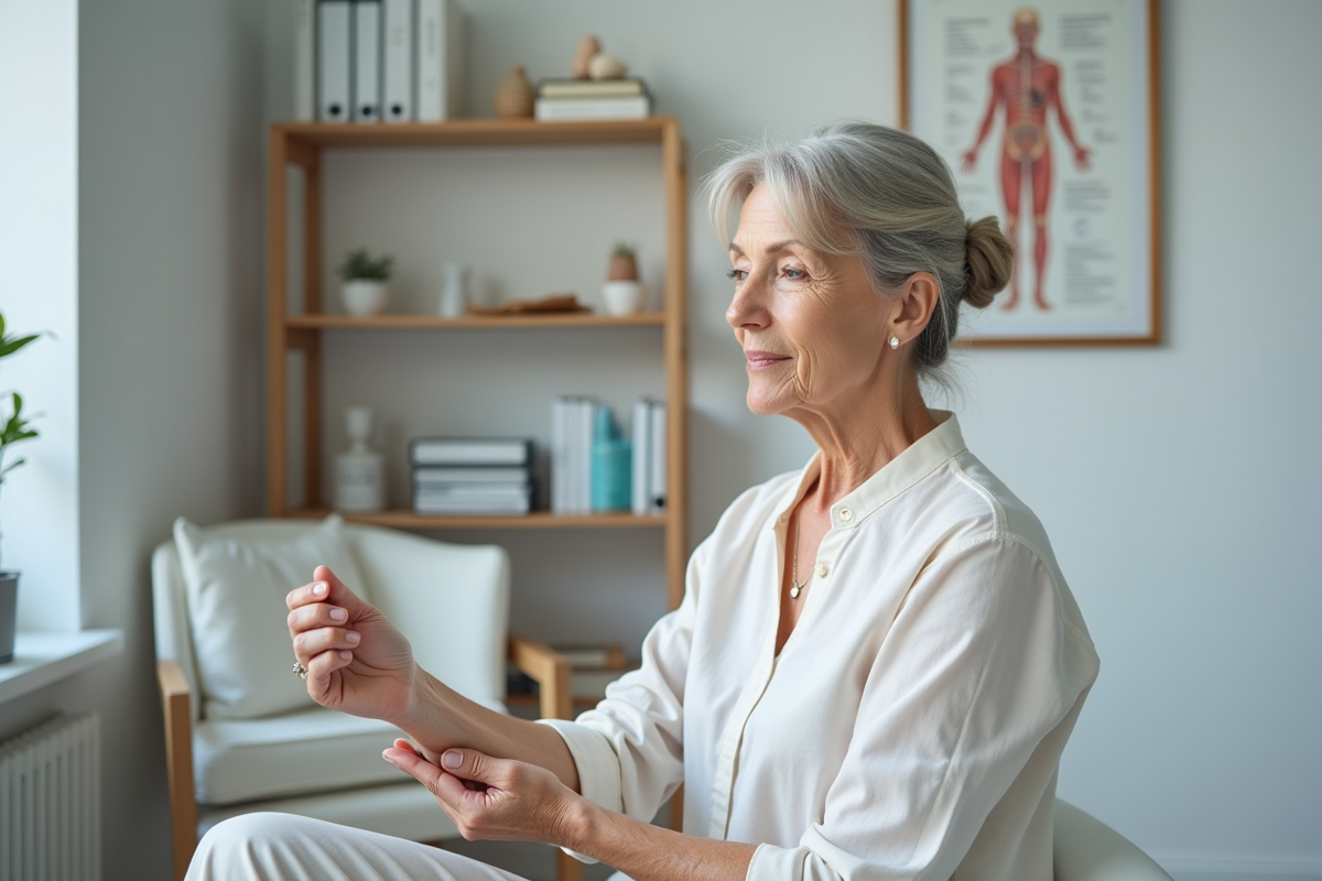 Femme d'âge moyen examinant une lésion cutanée en cabinet dermatologique