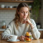 Jeune femme contemplant une tasse de tisane detox