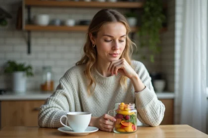 Jeune femme contemplant une tasse de tisane detox