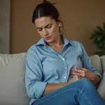 Femme préoccupée se tenant le côté droit dans un salon