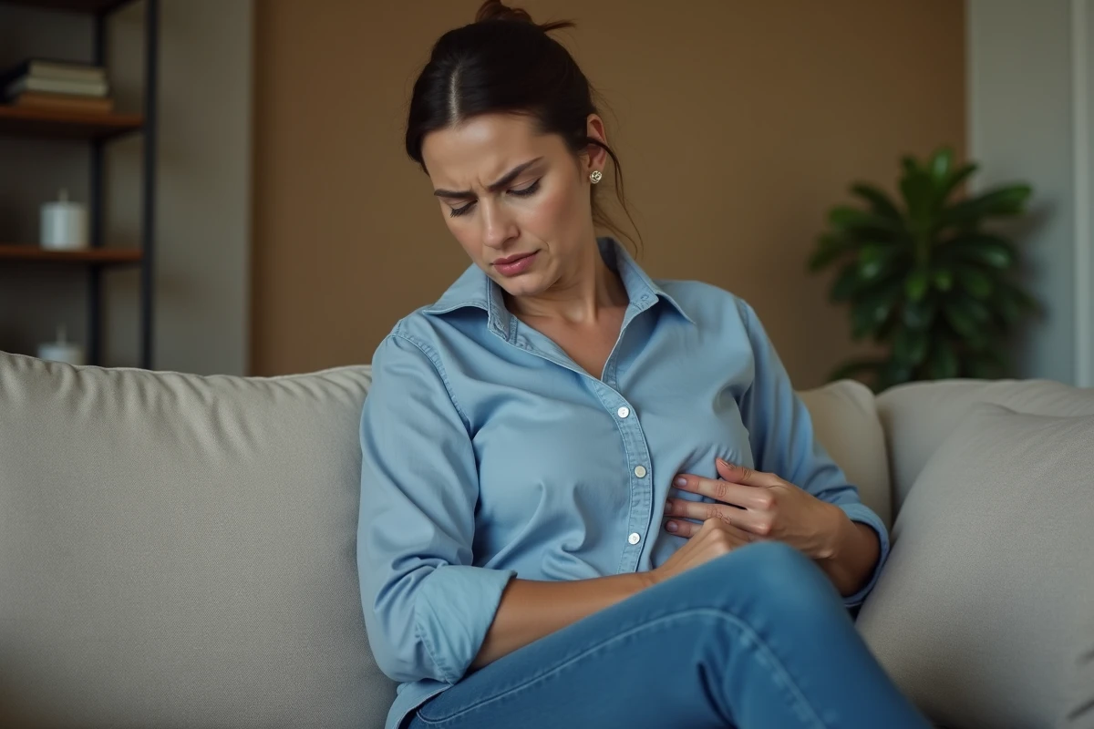 Femme préoccupée se tenant le côté droit dans un salon