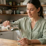 Femme versant de l'eau minérale Saint Antonin dans un verre à la table de cuisine pour favoriser le transit intestinal