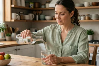 Femme versant de l'eau minérale Saint Antonin dans un verre à la table de cuisine pour favoriser le transit intestinal