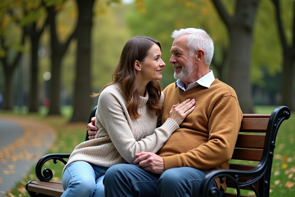 Femme et son père âgé partageant une étreinte dans un parc