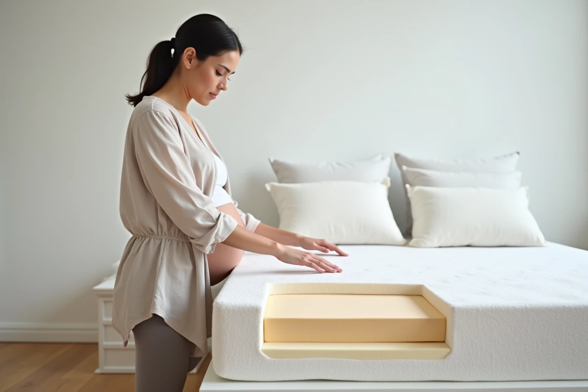 Femme enceinte testant la fermeté d'un matelas adapté pour soulager les douleurs du sacrum pendant la grossesse