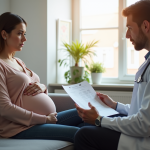 Femme enceinte assise sur un canapé avec médecin dans un cabinet lumineux