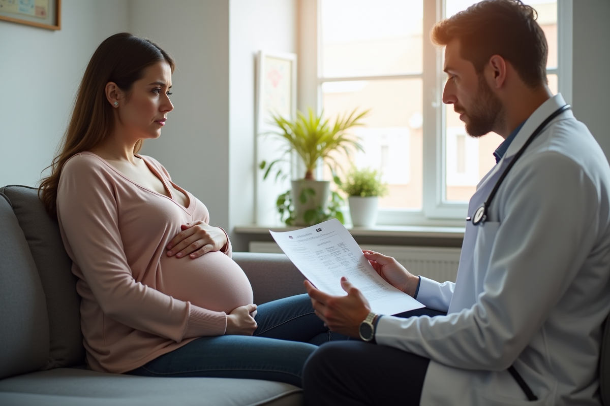 Femme enceinte assise sur un canapé avec médecin dans un cabinet lumineux