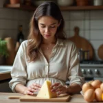 Femme enceinte lisant étiquettes de fromages italiens dans la cuisine