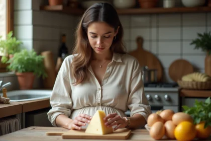 Femme enceinte lisant étiquettes de fromages italiens dans la cuisine