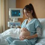 Femme enceinte assise dans un lit d'hôpital sereine