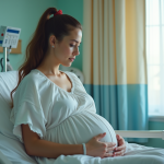 Femme en travail dans un lit d'hôpital avec équipement médical