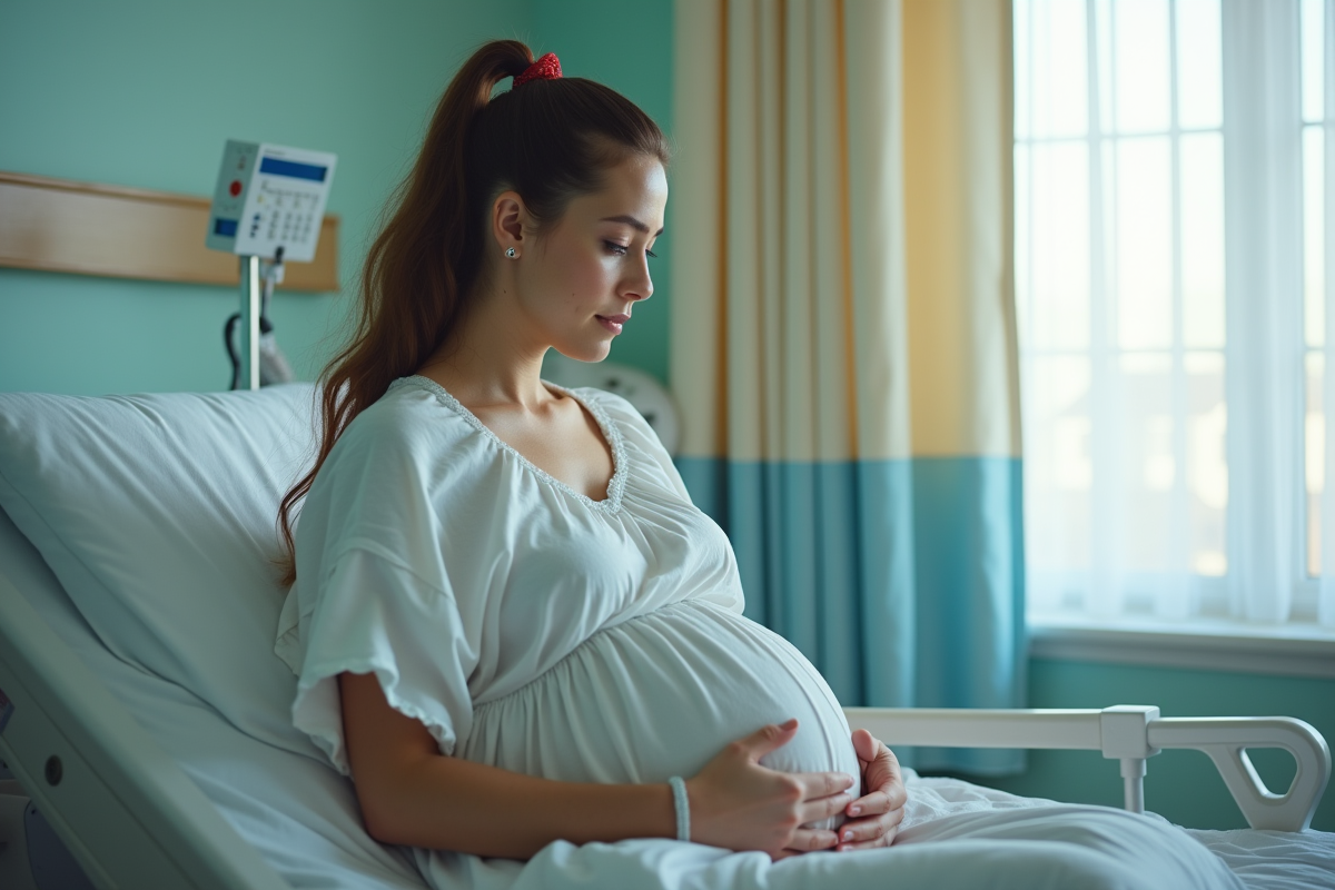 Femme en travail dans un lit d'hôpital avec équipement médical