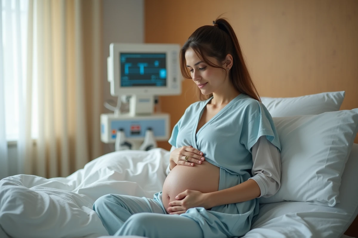 Femme enceinte assise dans un lit d'hôpital sereine