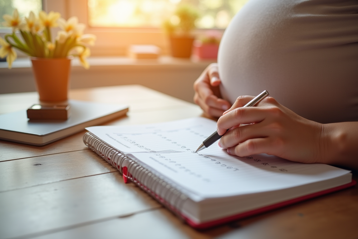 Mains de femme enceinte tenant un journal de grossesse avec liste de risques