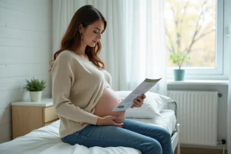 Femme enceinte lisant un pamphlet dans une chambre d'hôpital