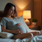 Femme enceinte allongée sur le côté avec un coussin de maternité soutenant le bas du dos pour soulager la douleur du sacrum la nuit