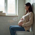 Femme enceinte assise sur les toilettes dans la salle de bain