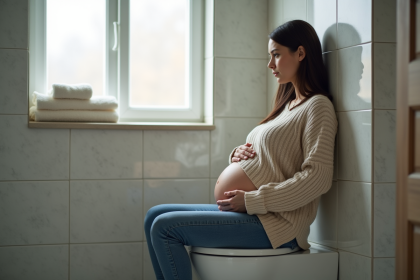 Femme enceinte assise sur les toilettes dans la salle de bain