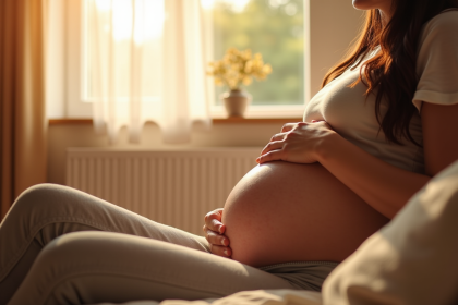 Femme enceinte assise sur un canapé lumineux et paisible