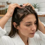 Femme examinant son cuir chevelu boutonné avec les doigts dans une salle de bain naturelle