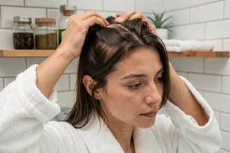 Femme examinant son cuir chevelu boutonné avec les doigts dans une salle de bain naturelle