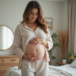 Femme en loungewear examinant son ventre avec espoir