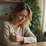 Femme d'âge moyen se frottant l'avant-bras à son bureau, exprimant une gêne liée aux fourmillements récurrents dans les bras