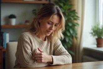 Femme d'âge moyen se frottant l'avant-bras à son bureau, exprimant une gêne liée aux fourmillements récurrents dans les bras