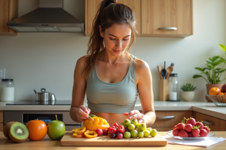 Jeune femme arrangeant des fruits frais dans la cuisine