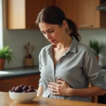 Femme ressentant une gêne digestive après avoir consommé des pruneaux, assise dans sa cuisine avec un bol de pruneaux sur la table
