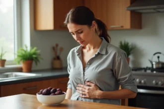 Femme ressentant une gêne digestive après avoir consommé des pruneaux, assise dans sa cuisine avec un bol de pruneaux sur la table