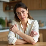 Femme se grattant l'avant-bras avec une expression préoccupée, illustrant des démangeaisons cutanées inexpliquées