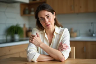 Femme se grattant l'avant-bras avec une expression préoccupée, illustrant des démangeaisons cutanées inexpliquées
